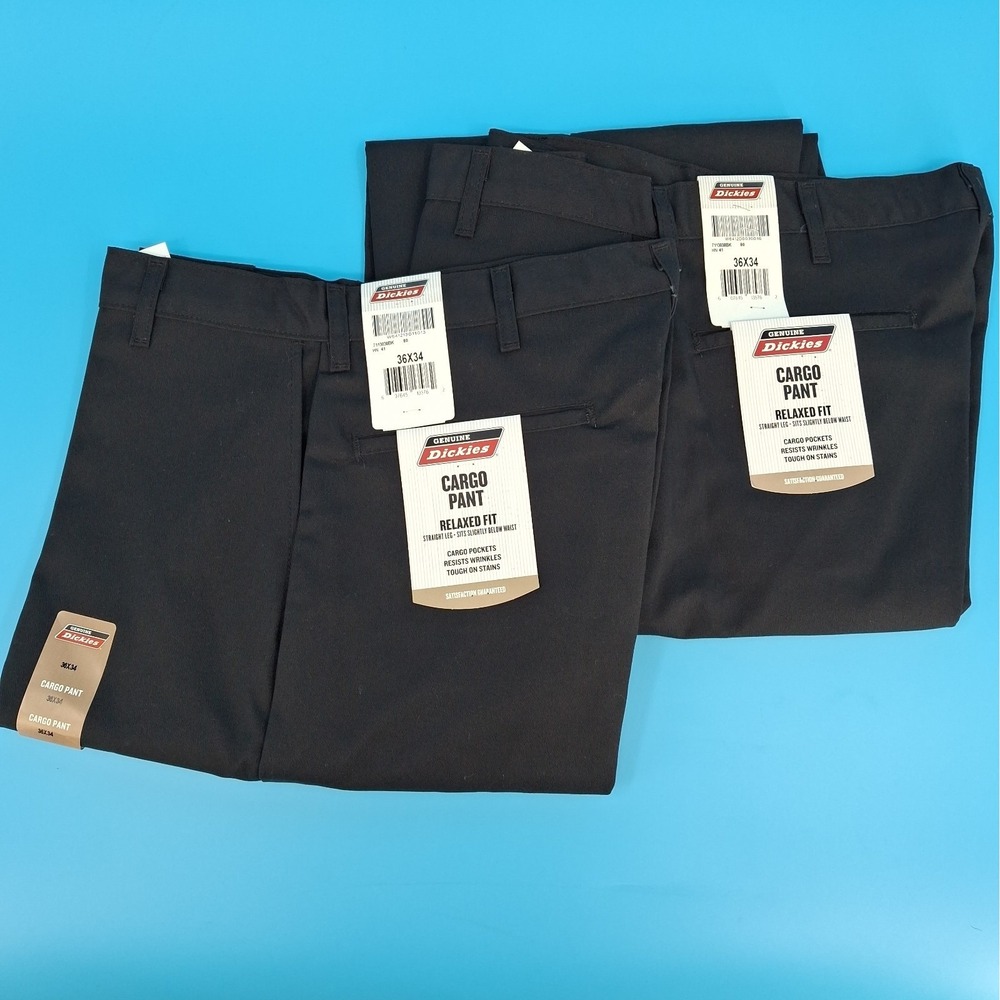Lot Of 2: Genuine Dickies Mens Relaxed & Straight Fit Black Cargo Pants - 36x34